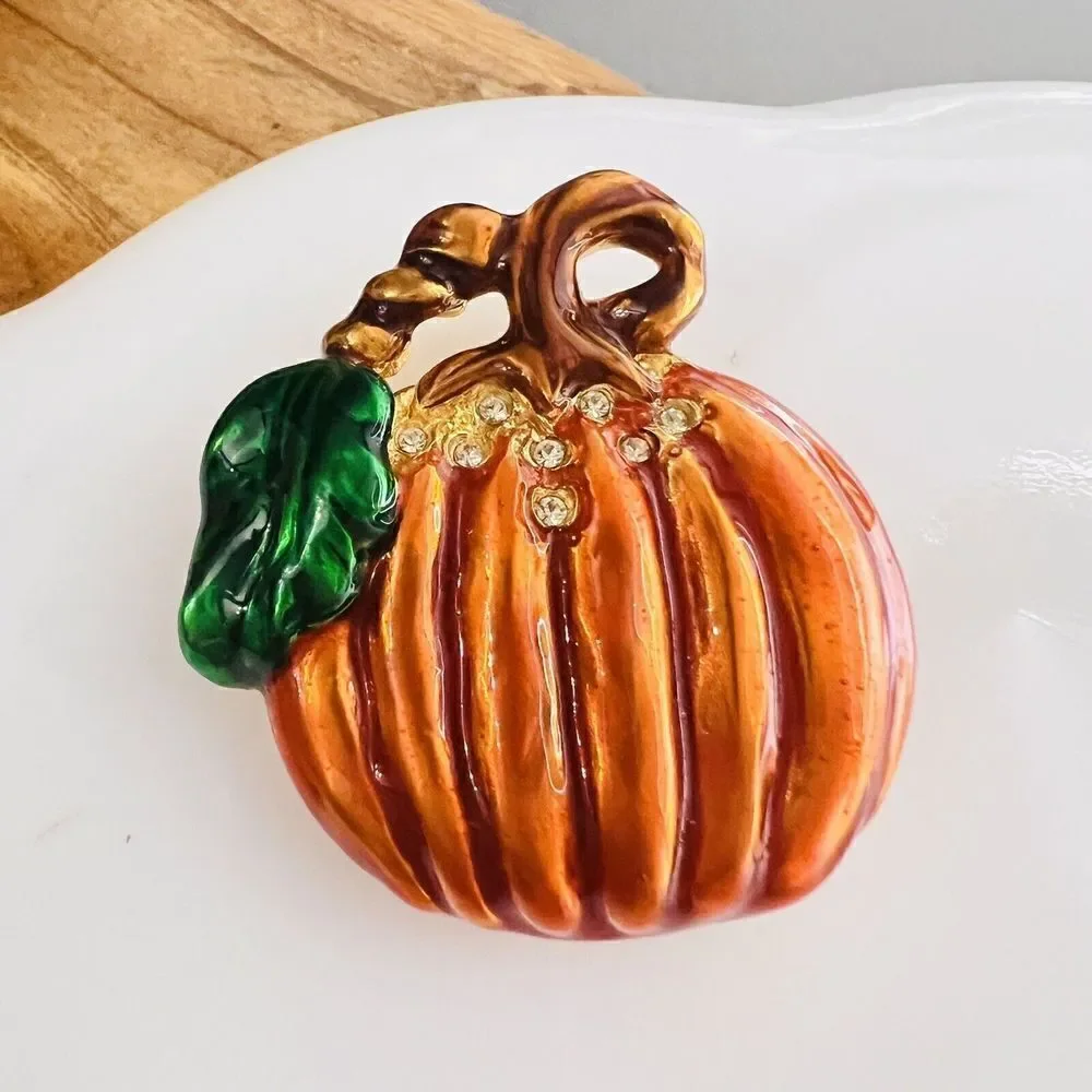 Vintage Brooch Pumpkin Thanksgiving Gold Orange Rhinestone Large Holiday 4355